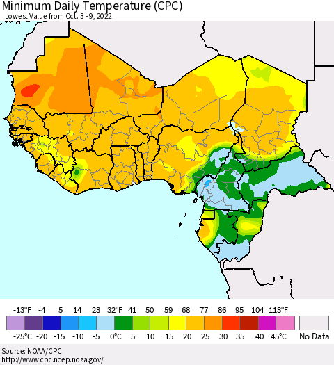 Western Africa Minimum Daily Temperature (CPC) Thematic Map For 10/3/2022 - 10/9/2022
