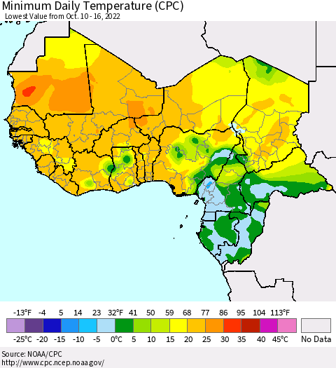 Western Africa Minimum Daily Temperature (CPC) Thematic Map For 10/10/2022 - 10/16/2022