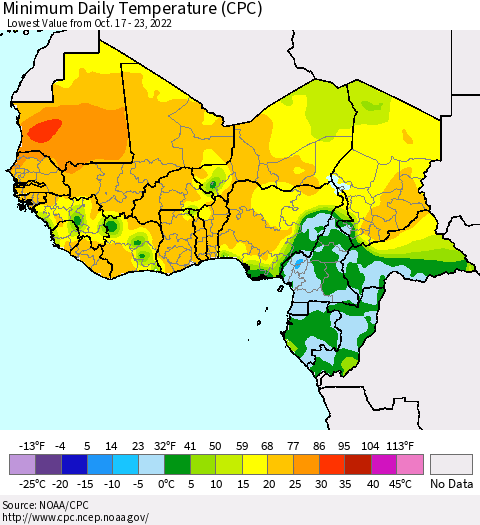 Western Africa Minimum Daily Temperature (CPC) Thematic Map For 10/17/2022 - 10/23/2022