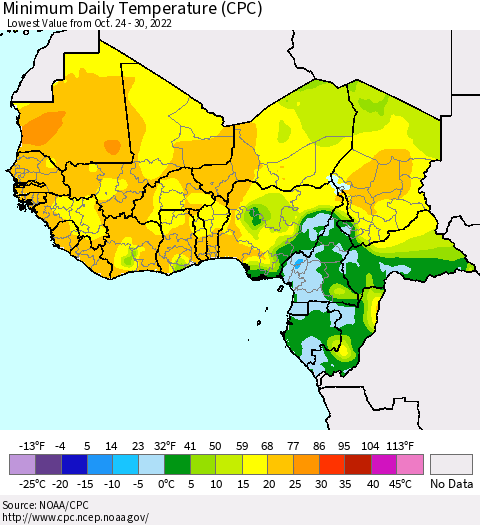 Western Africa Minimum Daily Temperature (CPC) Thematic Map For 10/24/2022 - 10/30/2022