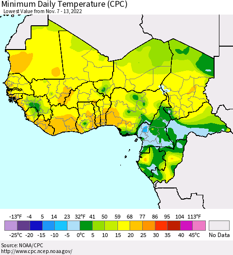 Western Africa Minimum Daily Temperature (CPC) Thematic Map For 11/7/2022 - 11/13/2022