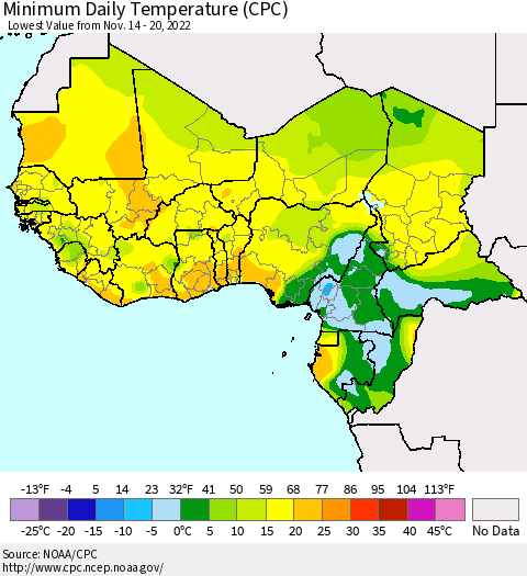 Western Africa Minimum Daily Temperature (CPC) Thematic Map For 11/14/2022 - 11/20/2022