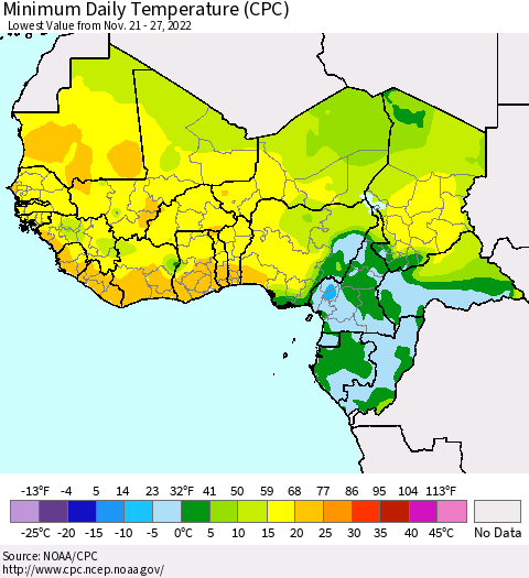 Western Africa Minimum Daily Temperature (CPC) Thematic Map For 11/21/2022 - 11/27/2022