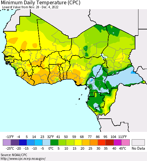 Western Africa Minimum Daily Temperature (CPC) Thematic Map For 11/28/2022 - 12/4/2022