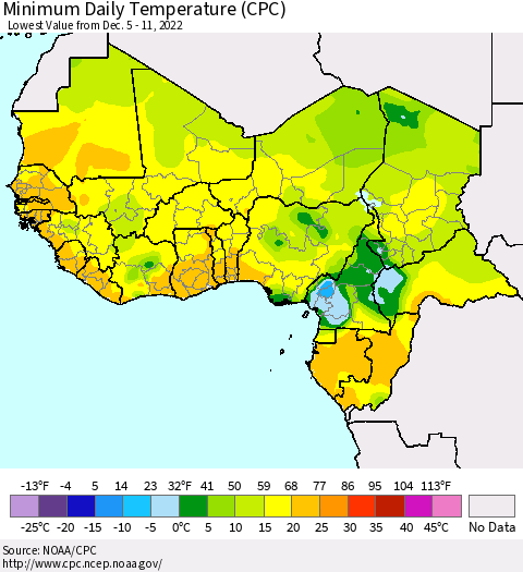Western Africa Minimum Daily Temperature (CPC) Thematic Map For 12/5/2022 - 12/11/2022