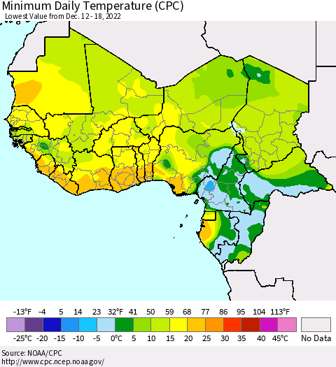 Western Africa Minimum Daily Temperature (CPC) Thematic Map For 12/12/2022 - 12/18/2022