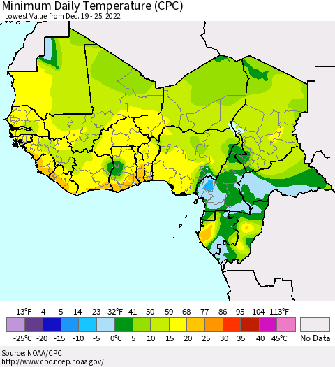 Western Africa Minimum Daily Temperature (CPC) Thematic Map For 12/19/2022 - 12/25/2022