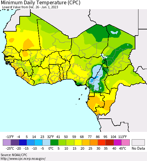 Western Africa Minimum Daily Temperature (CPC) Thematic Map For 12/26/2022 - 1/1/2023