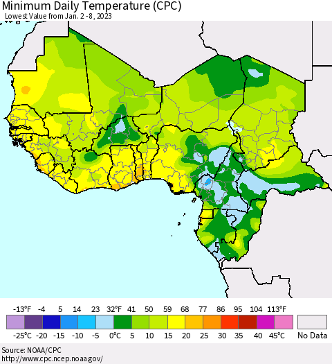 Western Africa Minimum Daily Temperature (CPC) Thematic Map For 1/2/2023 - 1/8/2023