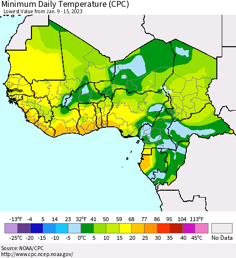 Western Africa Minimum Daily Temperature (CPC) Thematic Map For 1/9/2023 - 1/15/2023