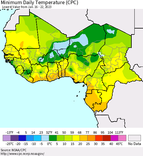 Western Africa Minimum Daily Temperature (CPC) Thematic Map For 1/16/2023 - 1/22/2023