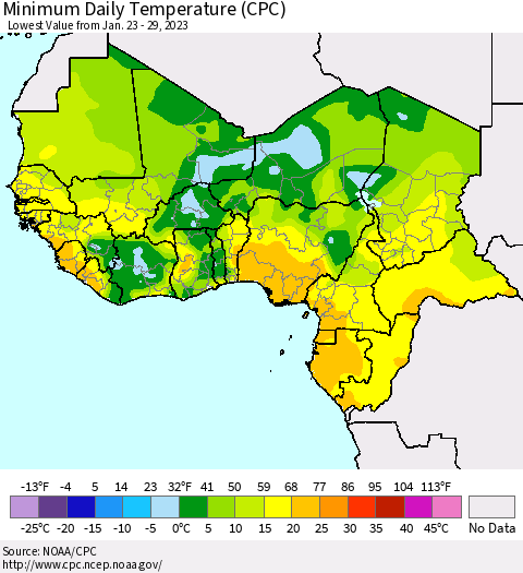 Western Africa Minimum Daily Temperature (CPC) Thematic Map For 1/23/2023 - 1/29/2023