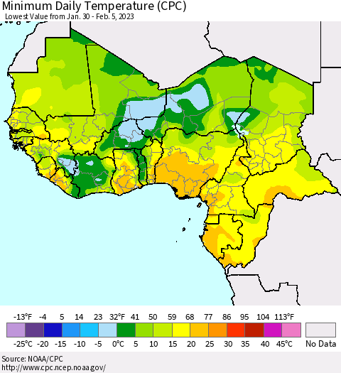 Western Africa Minimum Daily Temperature (CPC) Thematic Map For 1/30/2023 - 2/5/2023