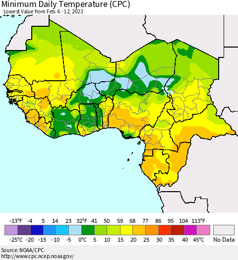 Western Africa Minimum Daily Temperature (CPC) Thematic Map For 2/6/2023 - 2/12/2023