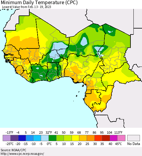 Western Africa Minimum Daily Temperature (CPC) Thematic Map For 2/13/2023 - 2/19/2023
