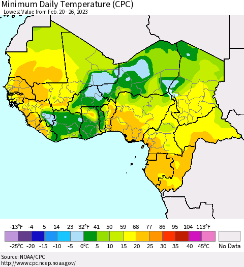 Western Africa Minimum Daily Temperature (CPC) Thematic Map For 2/20/2023 - 2/26/2023