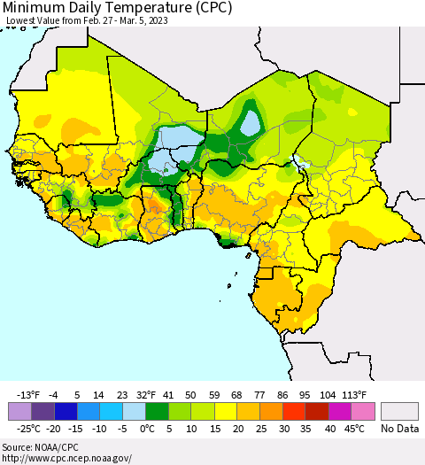 Western Africa Minimum Daily Temperature (CPC) Thematic Map For 2/27/2023 - 3/5/2023