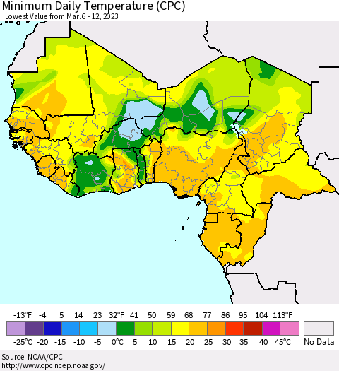 Western Africa Minimum Daily Temperature (CPC) Thematic Map For 3/6/2023 - 3/12/2023