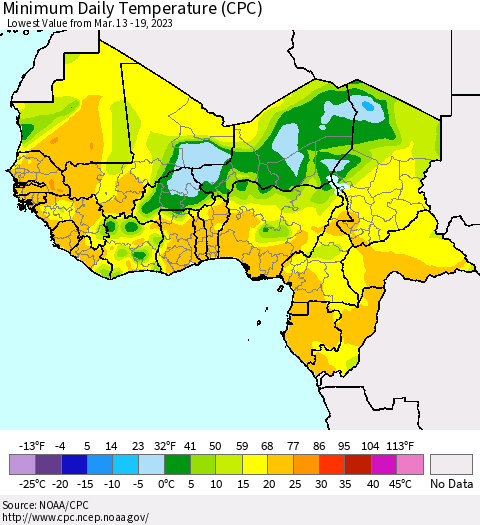 Western Africa Minimum Daily Temperature (CPC) Thematic Map For 3/13/2023 - 3/19/2023