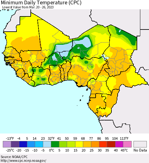 Western Africa Minimum Daily Temperature (CPC) Thematic Map For 3/20/2023 - 3/26/2023