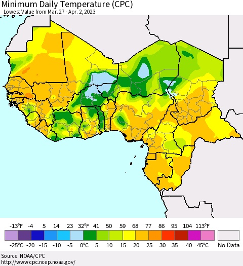 Western Africa Minimum Daily Temperature (CPC) Thematic Map For 3/27/2023 - 4/2/2023