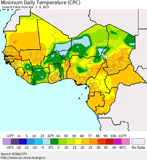 Western Africa Minimum Daily Temperature (CPC) Thematic Map For 4/3/2023 - 4/9/2023