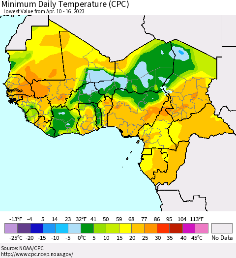 Western Africa Minimum Daily Temperature (CPC) Thematic Map For 4/10/2023 - 4/16/2023