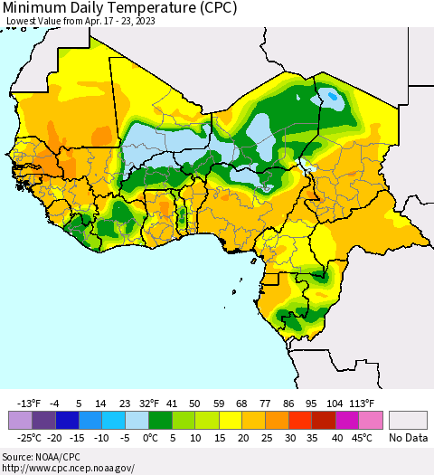 Western Africa Minimum Daily Temperature (CPC) Thematic Map For 4/17/2023 - 4/23/2023