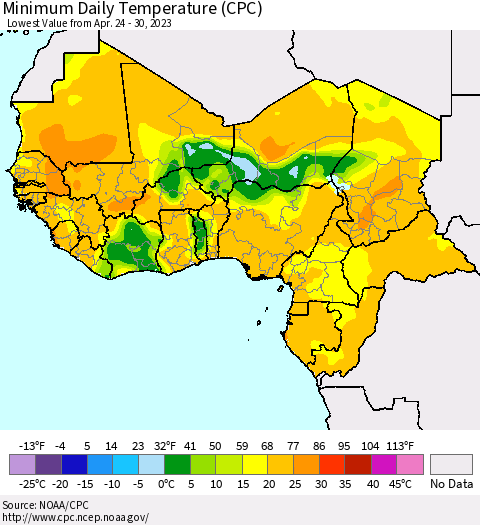 Western Africa Minimum Daily Temperature (CPC) Thematic Map For 4/24/2023 - 4/30/2023