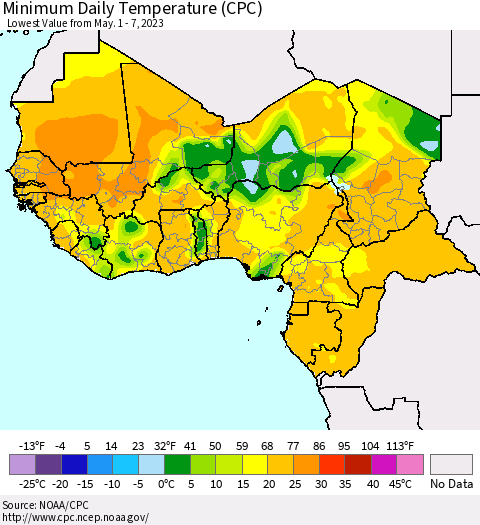 Western Africa Minimum Daily Temperature (CPC) Thematic Map For 5/1/2023 - 5/7/2023