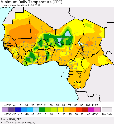 Western Africa Minimum Daily Temperature (CPC) Thematic Map For 5/8/2023 - 5/14/2023