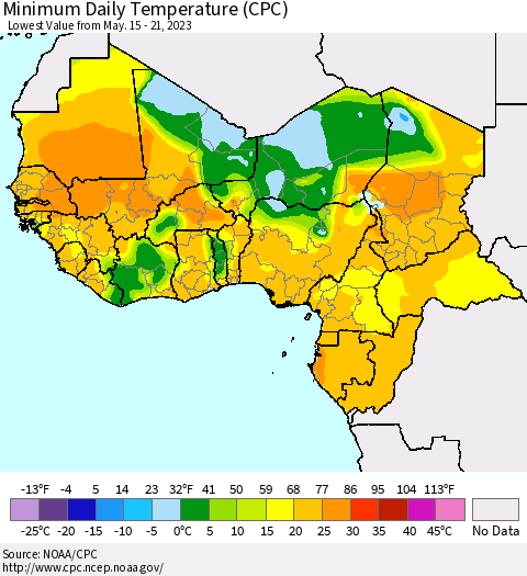 Western Africa Minimum Daily Temperature (CPC) Thematic Map For 5/15/2023 - 5/21/2023