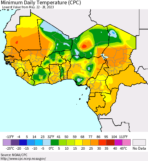 Western Africa Minimum Daily Temperature (CPC) Thematic Map For 5/22/2023 - 5/28/2023