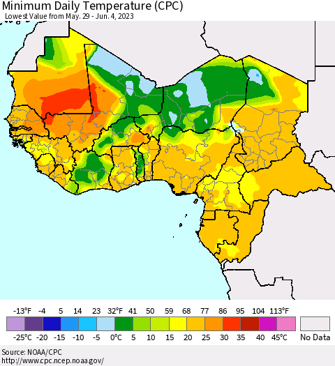 Western Africa Minimum Daily Temperature (CPC) Thematic Map For 5/29/2023 - 6/4/2023