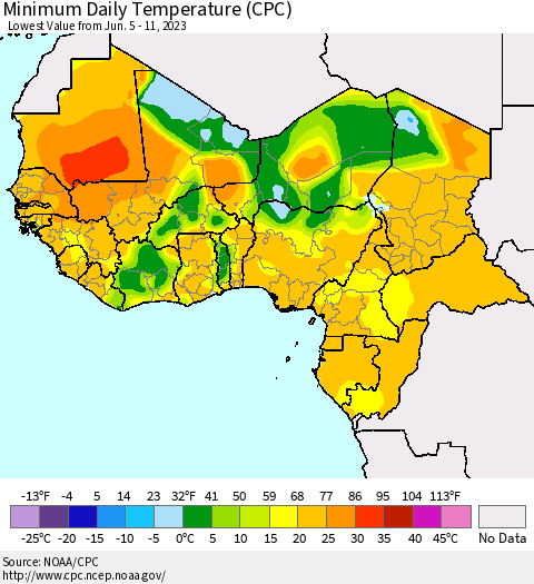 Western Africa Minimum Daily Temperature (CPC) Thematic Map For 6/5/2023 - 6/11/2023
