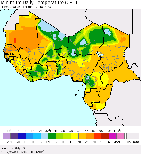 Western Africa Minimum Daily Temperature (CPC) Thematic Map For 6/12/2023 - 6/18/2023