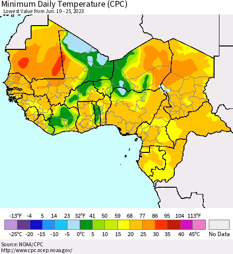 Western Africa Minimum Daily Temperature (CPC) Thematic Map For 6/19/2023 - 6/25/2023