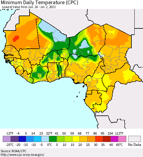 Western Africa Minimum Daily Temperature (CPC) Thematic Map For 6/26/2023 - 7/2/2023