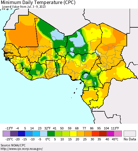 Western Africa Minimum Daily Temperature (CPC) Thematic Map For 7/3/2023 - 7/9/2023