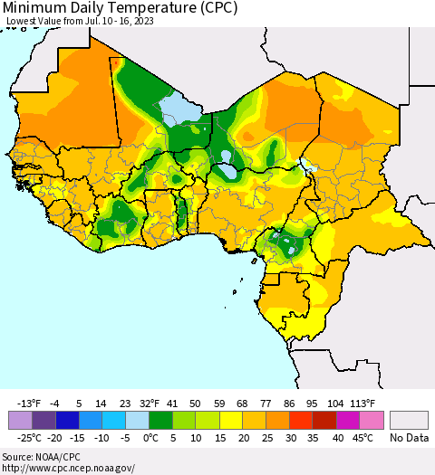 Western Africa Minimum Daily Temperature (CPC) Thematic Map For 7/10/2023 - 7/16/2023