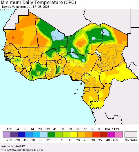 Western Africa Minimum Daily Temperature (CPC) Thematic Map For 7/17/2023 - 7/23/2023