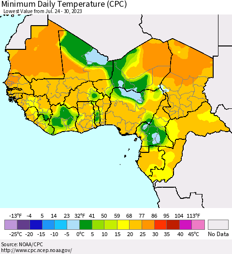 Western Africa Minimum Daily Temperature (CPC) Thematic Map For 7/24/2023 - 7/30/2023