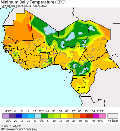 Western Africa Minimum Daily Temperature (CPC) Thematic Map For 7/31/2023 - 8/6/2023