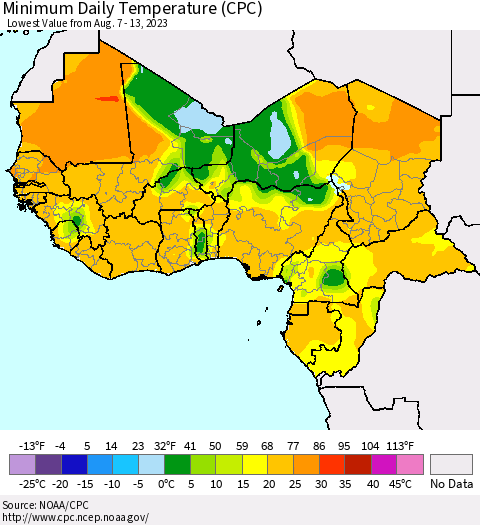 Western Africa Minimum Daily Temperature (CPC) Thematic Map For 8/7/2023 - 8/13/2023