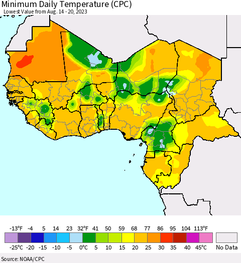 Western Africa Minimum Daily Temperature (CPC) Thematic Map For 8/14/2023 - 8/20/2023