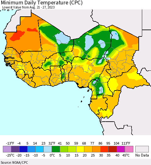 Western Africa Minimum Daily Temperature (CPC) Thematic Map For 8/21/2023 - 8/27/2023