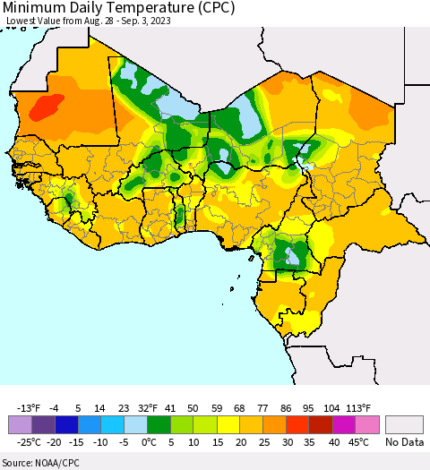 Western Africa Minimum Daily Temperature (CPC) Thematic Map For 8/28/2023 - 9/3/2023