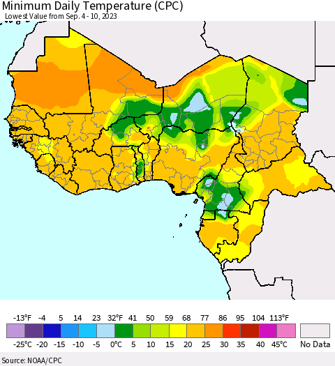 Western Africa Minimum Daily Temperature (CPC) Thematic Map For 9/4/2023 - 9/10/2023