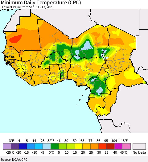 Western Africa Minimum Daily Temperature (CPC) Thematic Map For 9/11/2023 - 9/17/2023