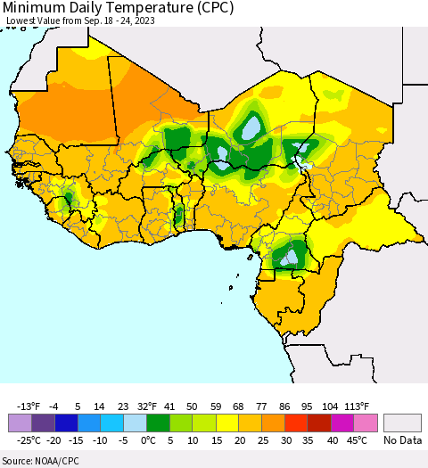 Western Africa Minimum Daily Temperature (CPC) Thematic Map For 9/18/2023 - 9/24/2023